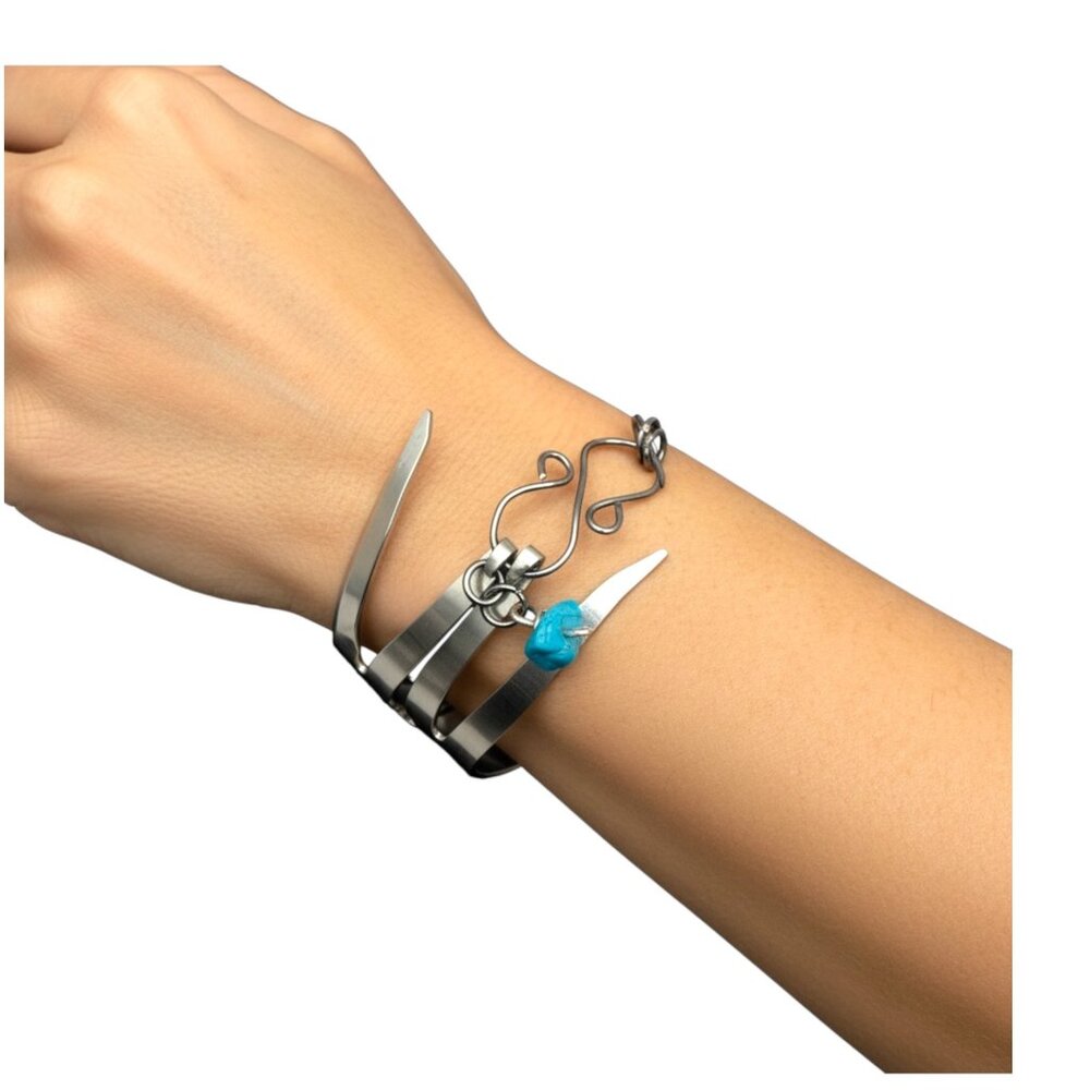 Handcrafted Silver Fork Cuff Bracelet W Stainless Steel Links & Turquoise Charm